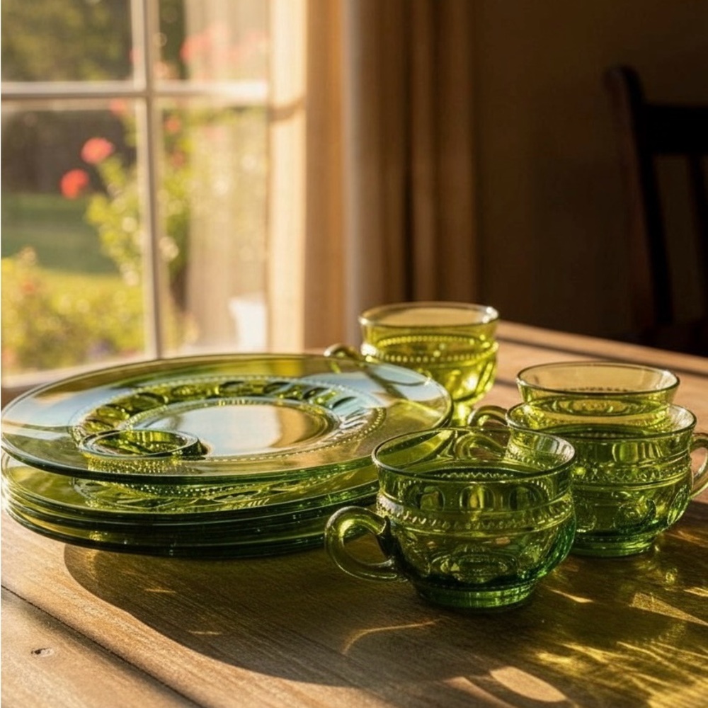Vintage Anchor Hocking Kings Crown Thumbprint Green Snack Set– 4 Plates/3 Cups